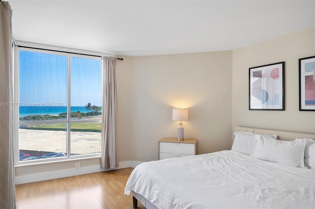bedroom featuring a water view, baseboards, and light wood finished floors