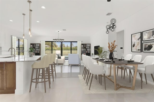 dining space featuring light tile patterned floors, visible vents, a wealth of natural light, and recessed lighting