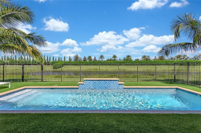 view of pool featuring a fenced in pool, a fenced backyard, and a lawn