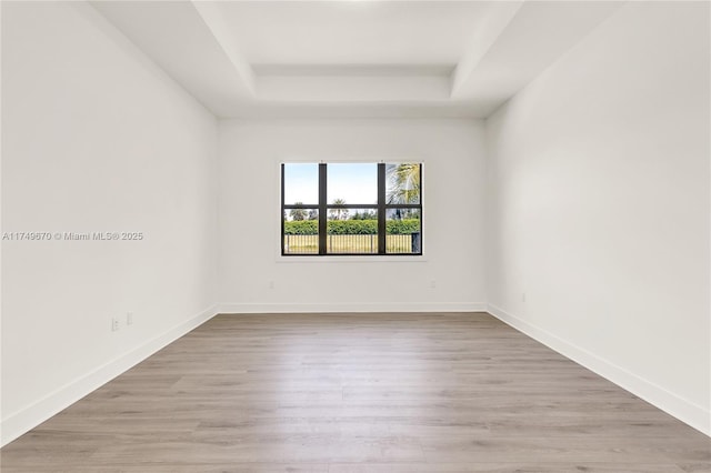 spare room with a raised ceiling, baseboards, and wood finished floors