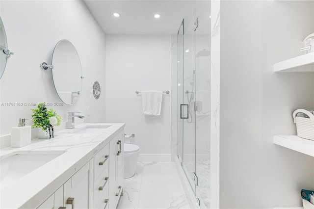 full bathroom featuring toilet, recessed lighting, a sink, marble finish floor, and a marble finish shower