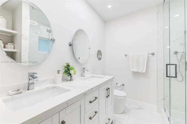 full bathroom with marble finish floor, a marble finish shower, a sink, and toilet