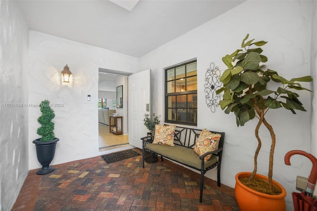 living area with brick floor