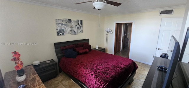 bedroom featuring a ceiling fan, visible vents, and crown molding