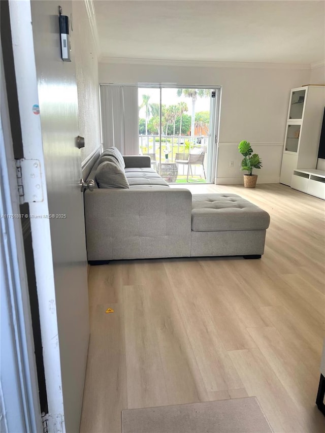 living room with crown molding and wood finished floors