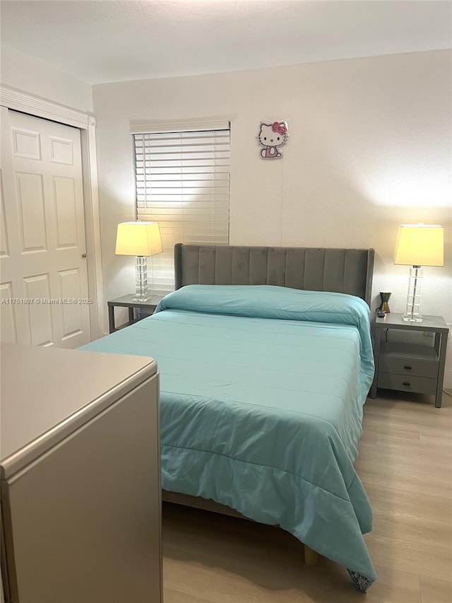 bedroom featuring wood finished floors and a closet