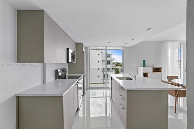 kitchen with light countertops, appliances with stainless steel finishes, a sink, modern cabinets, and a wall of windows