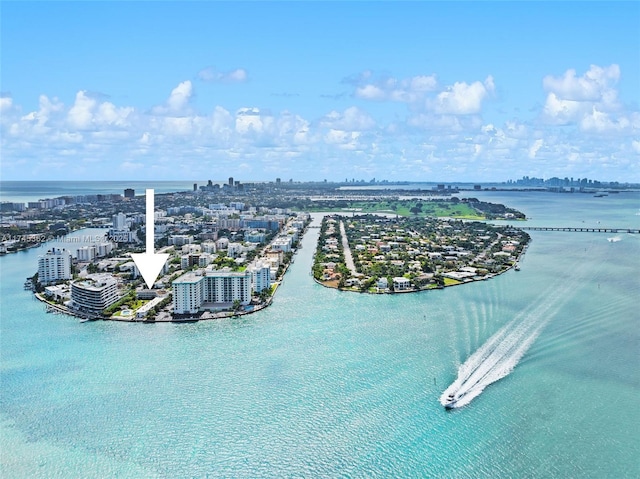 aerial view with a water view and a city view