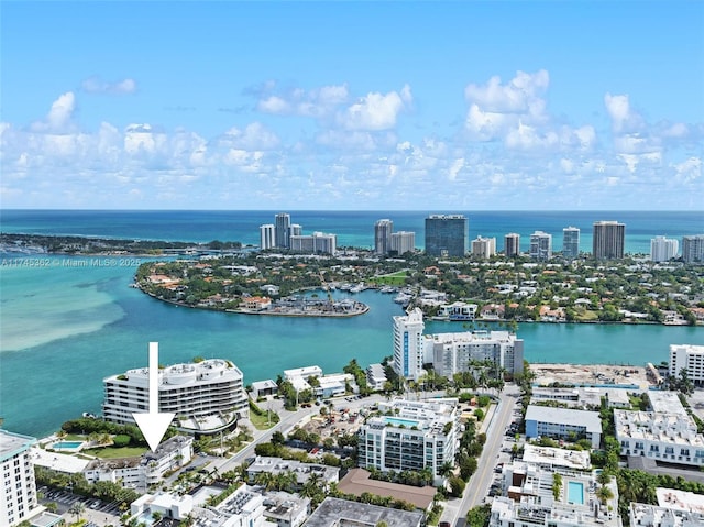 aerial view featuring a view of city and a water view