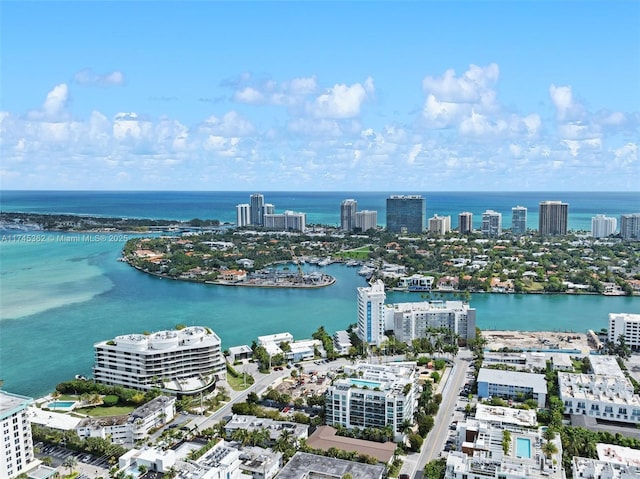 drone / aerial view with a water view and a city view