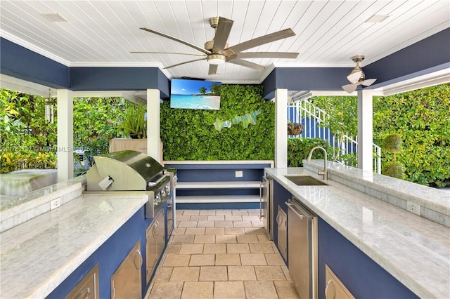 755 NE 77th St, Miami, FL 33138 - view of patio / terrace featuring a sink, area for grilling, a ceiling fan, and an outdoor kitchen