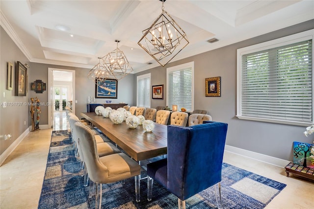 dining room featuring coffered ceiling, visible vents, baseboards, ornamental molding, and an inviting chandelier