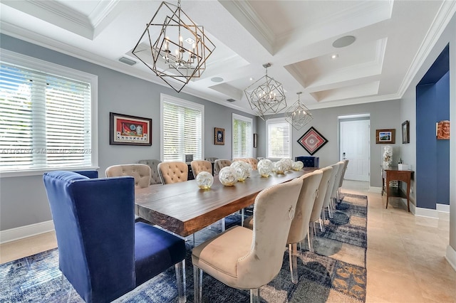 755 NE 77th St, Miami, FL 33138 - dining area with a chandelier, visible vents, coffered ceiling, baseboards, and ornamental molding