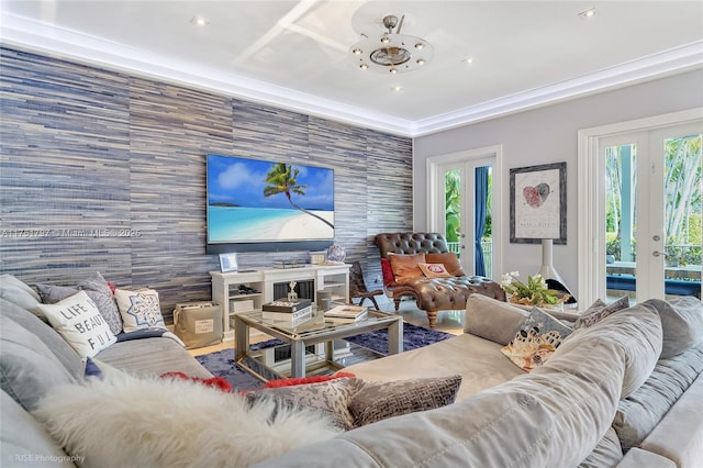 755 NE 77th St, Miami, FL 33138 - living room featuring an accent wall, french doors, and recessed lighting