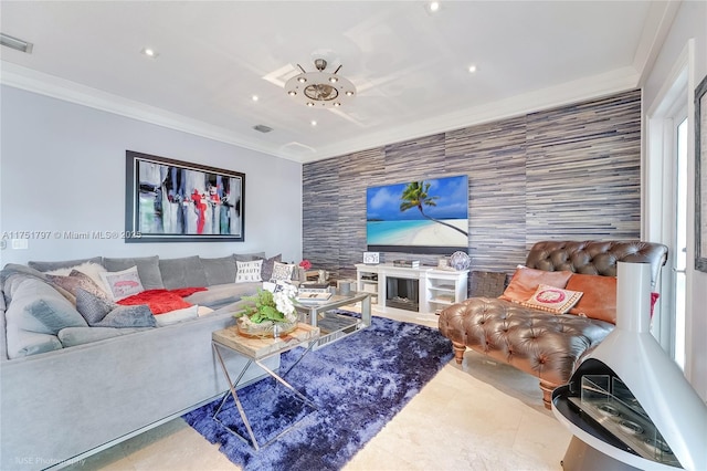 755 NE 77th St, Miami, FL 33138 - living room with an accent wall, visible vents, recessed lighting, and ornamental molding