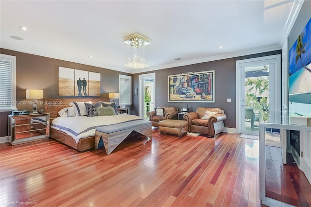 755 NE 77th St, Miami, FL 33138 - bedroom with crown molding, light wood-style floors, access to exterior, baseboards, and recessed lighting