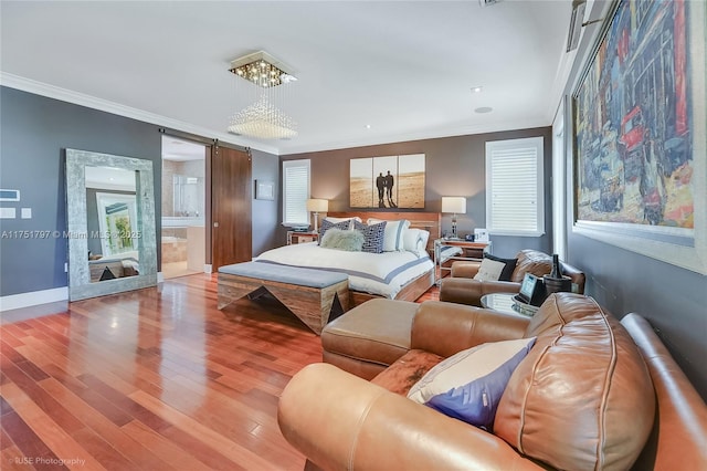 755 NE 77th St, Miami, FL 33138 - bedroom featuring crown molding, baseboards, a barn door, and light wood-style floors