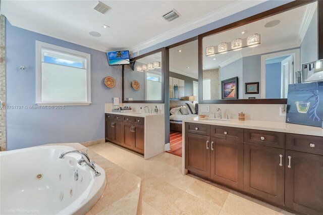 755 NE 77th St, Miami, FL 33138 - bathroom featuring visible vents, a tub with jets, crown molding, and vanity