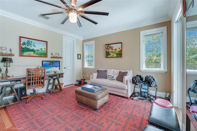 755 NE 77th St, Miami, FL 33138 - living area featuring ceiling fan, plenty of natural light, and ornamental molding