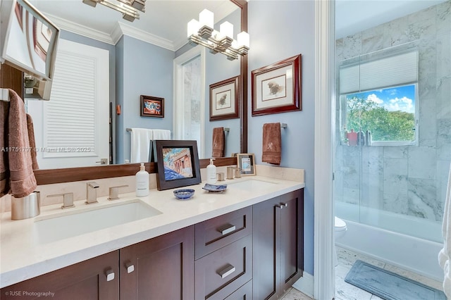 755 NE 77th St, Miami, FL 33138 - bathroom with double vanity, toilet, crown molding, and a sink