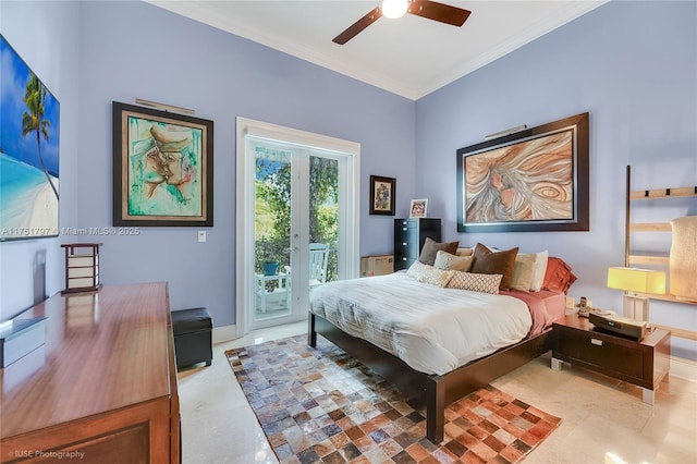 755 NE 77th St, Miami, FL 33138 - bedroom with baseboards, access to exterior, ceiling fan, and crown molding