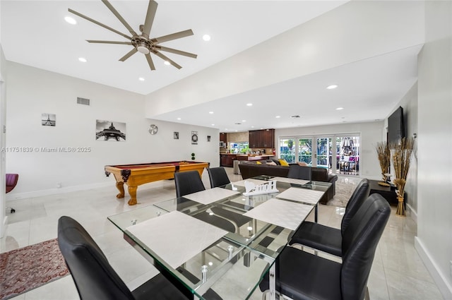 dining space with billiards, recessed lighting, visible vents, baseboards, and light tile patterned flooring