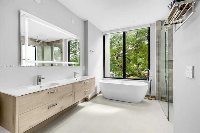 bathroom featuring double vanity, a freestanding tub, a shower stall, and a sink