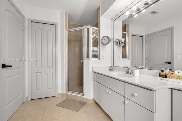 15010 SW 178th Ter, Miami, FL 33187 - bathroom with a stall shower, visible vents, tile patterned floors, vanity, and a closet