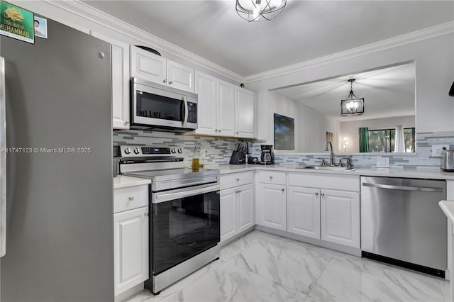 kitchen featuring stainless steel appliances, a sink, white cabinetry, light countertops, and marble finish floor