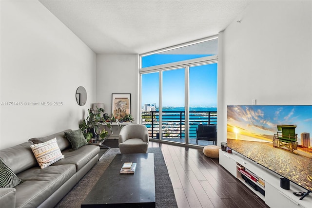 living room featuring floor to ceiling windows, a textured ceiling, and dark wood-type flooring