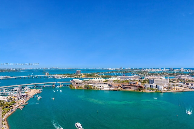 birds eye view of property with a water view and a city view