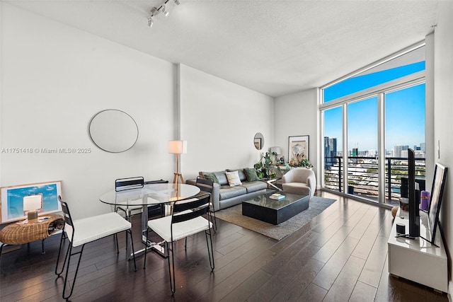 living room featuring dark wood finished floors, track lighting, floor to ceiling windows, a textured ceiling, and a city view