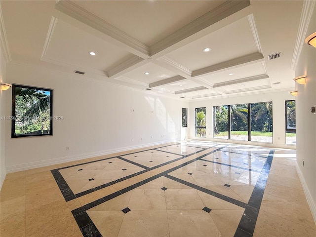 unfurnished room featuring crown molding, recessed lighting, coffered ceiling, and baseboards