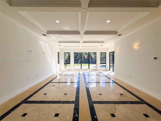 unfurnished living room with recessed lighting, ornamental molding, coffered ceiling, beamed ceiling, and baseboards