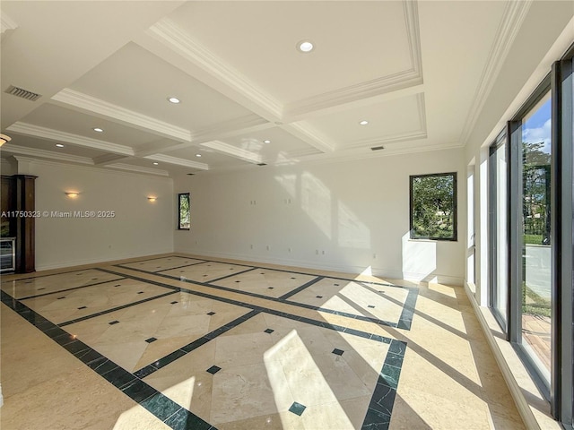 empty room with recessed lighting, coffered ceiling, visible vents, baseboards, and ornamental molding