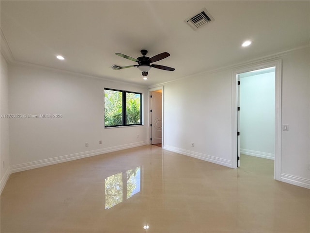 unfurnished room featuring baseboards, visible vents, crown molding, and recessed lighting