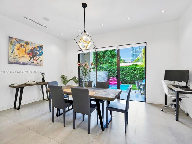 dining area featuring recessed lighting, visible vents, baseboards, and light tile patterned floors