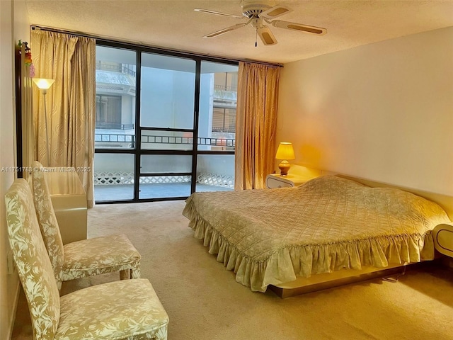 bedroom featuring carpet floors, access to exterior, expansive windows, and a textured ceiling