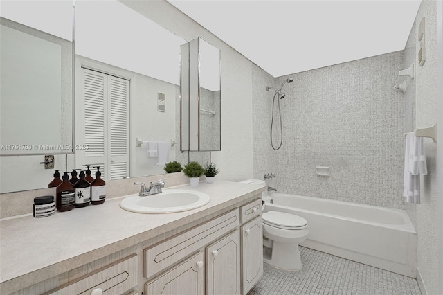 full bath with tile patterned floors, toilet, vanity, and shower / bathtub combination