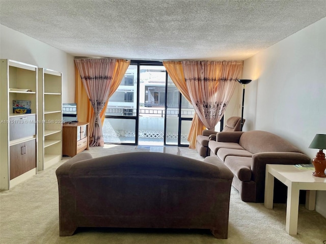 carpeted living room with floor to ceiling windows and a textured ceiling