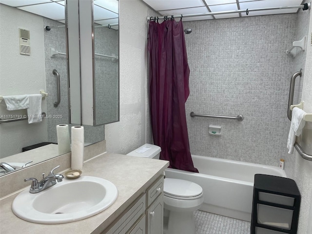 full bathroom with a textured wall, toilet, shower / bathtub combination with curtain, tile patterned flooring, and vanity