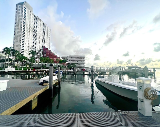 view of dock with a view of city and a water view