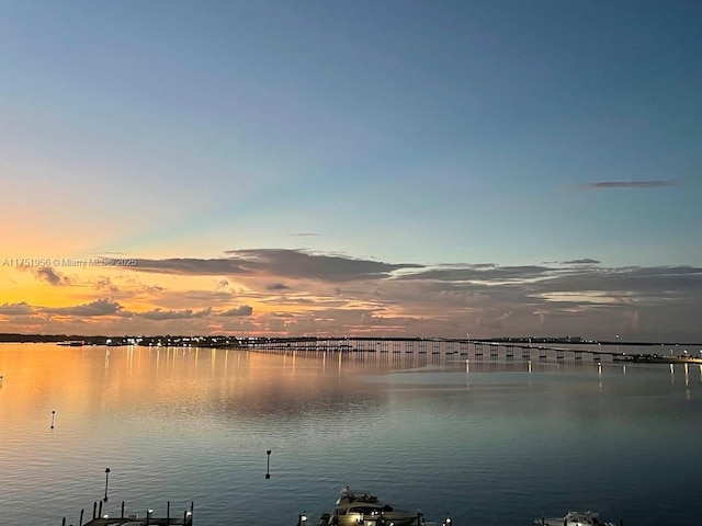 water view featuring a dock