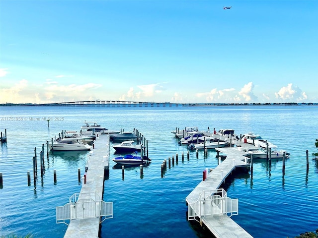 view of dock with a water view