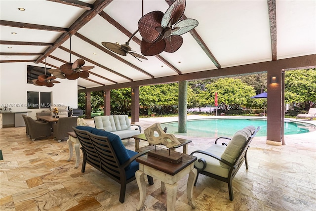 view of patio / terrace featuring an outdoor pool, outdoor dining area, a ceiling fan, and an outdoor living space