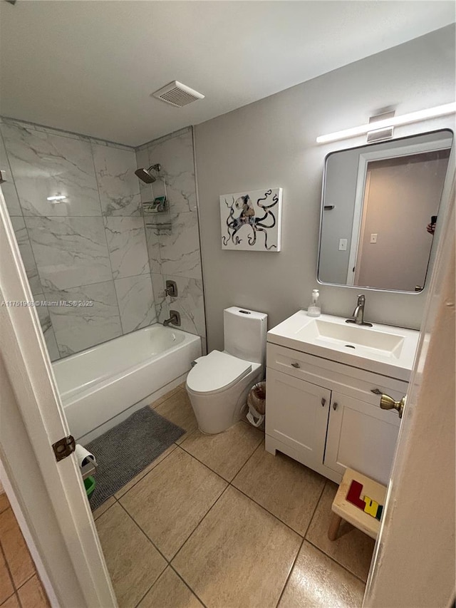 bathroom with toilet, visible vents, shower / tub combination, and vanity