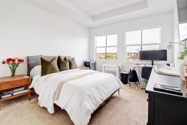 bedroom featuring carpet floors, radiator heating unit, and a tray ceiling