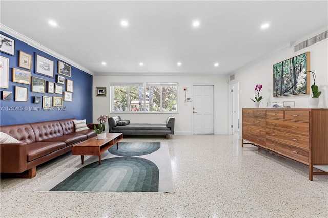 living room with visible vents, recessed lighting, speckled floor, and ornamental molding