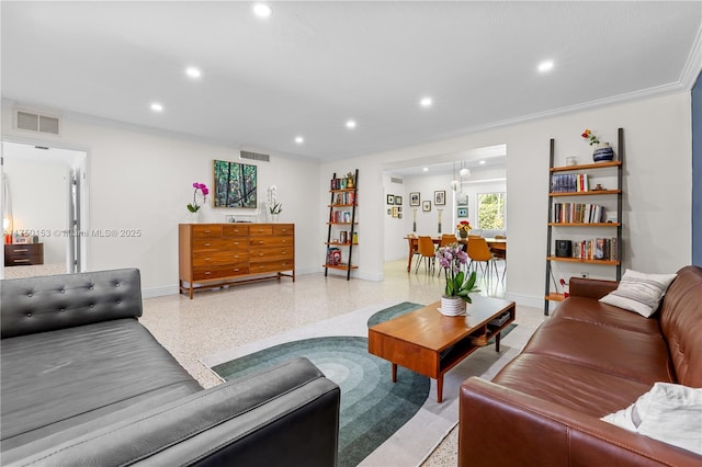 living area featuring visible vents, recessed lighting, and light speckled floor