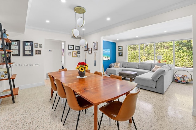 dining space featuring recessed lighting, light speckled floor, crown molding, and baseboards